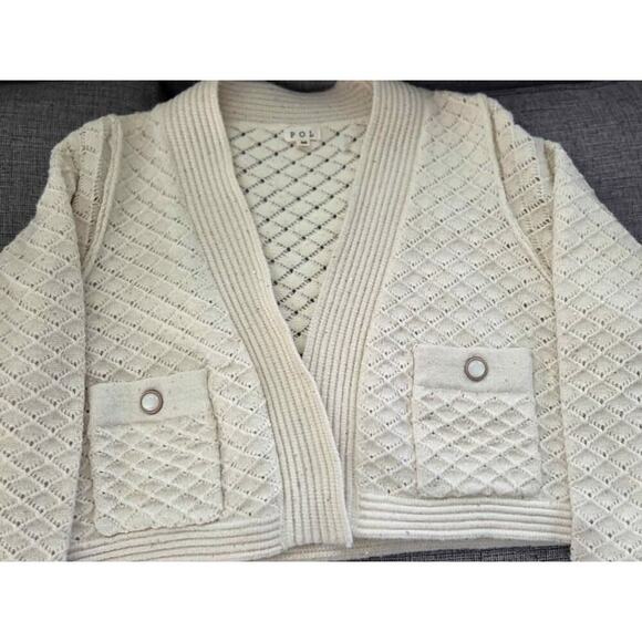 POL Cardigan Cream Knit Gold Thread Sequin Detail Boho Cropped Sweater M - Picture 2 of 10
